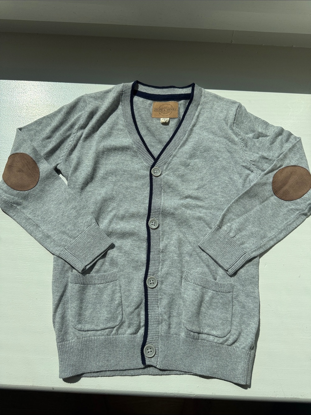 Boys size Small Gray Cardigan with Brown Elbow Patches and Navy piping